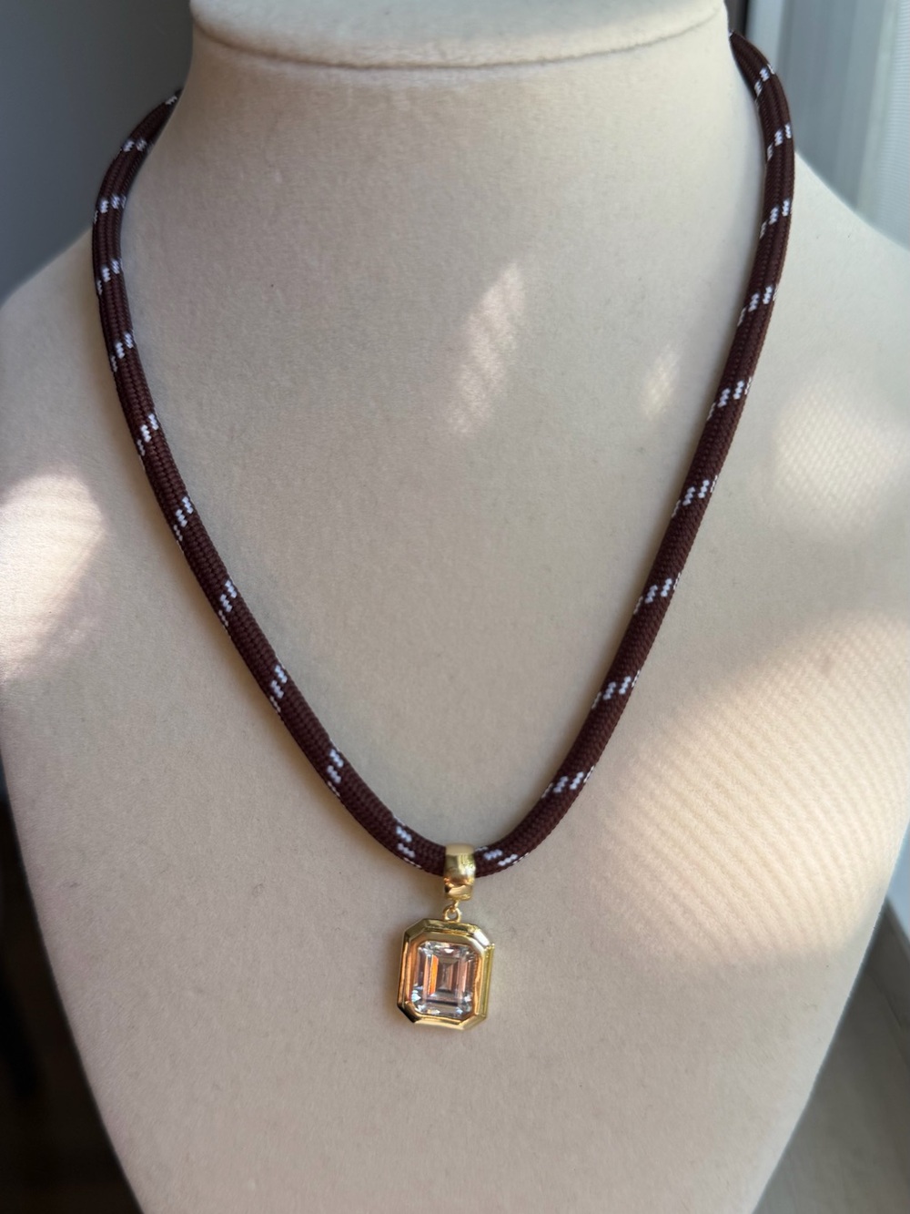 Adina Eden Brown & White Rope Necklace with Emerald-Cut Pendant